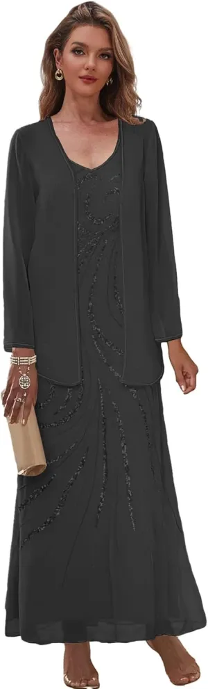 2 Pieces Mother of The Bride Dresses with Jacket Chiffon Sequin Formal Dress for Wedding Guest