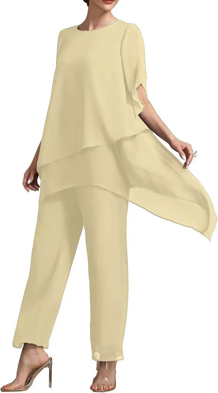 2 Pieces Mother of The Bride Pant Suits with Short Sleeve Chiffon Women Pantsuit Formal Wedding Guest Evening Outfit