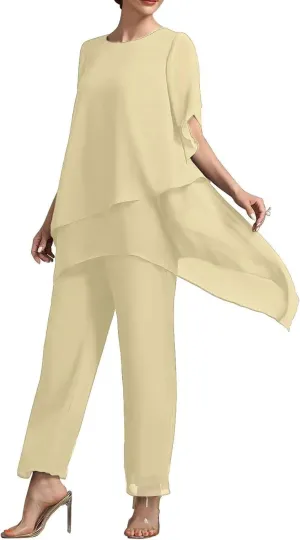 2 Pieces Mother of The Bride Pant Suits with Short Sleeve Chiffon Women Pantsuit Formal Wedding Guest Evening Outfit