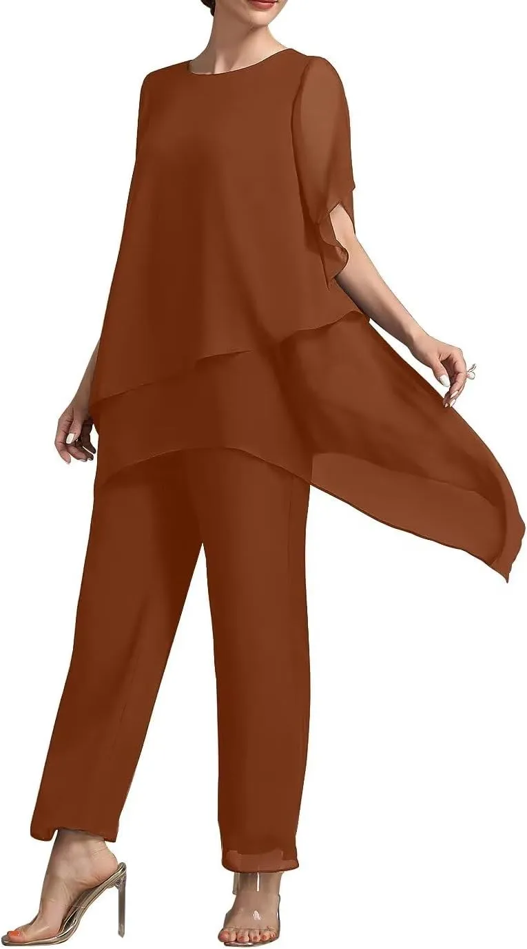 2 Pieces Mother of The Bride Pant Suits with Short Sleeve Chiffon Women Pantsuit Formal Wedding Guest Evening Outfit