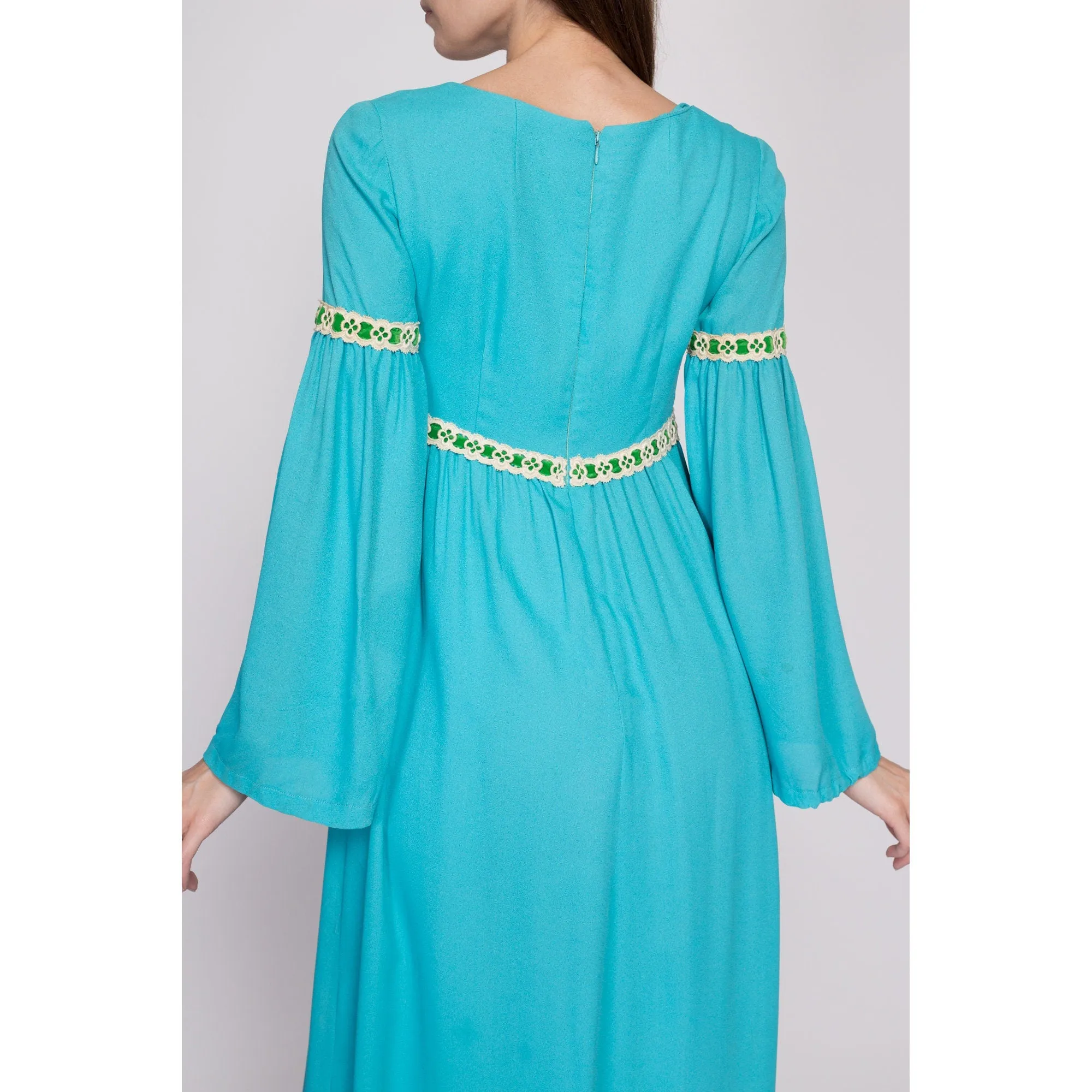 60s Boho Blue Empire Waist Bell Sleeve Maxi Dress, As Is - Extra Small