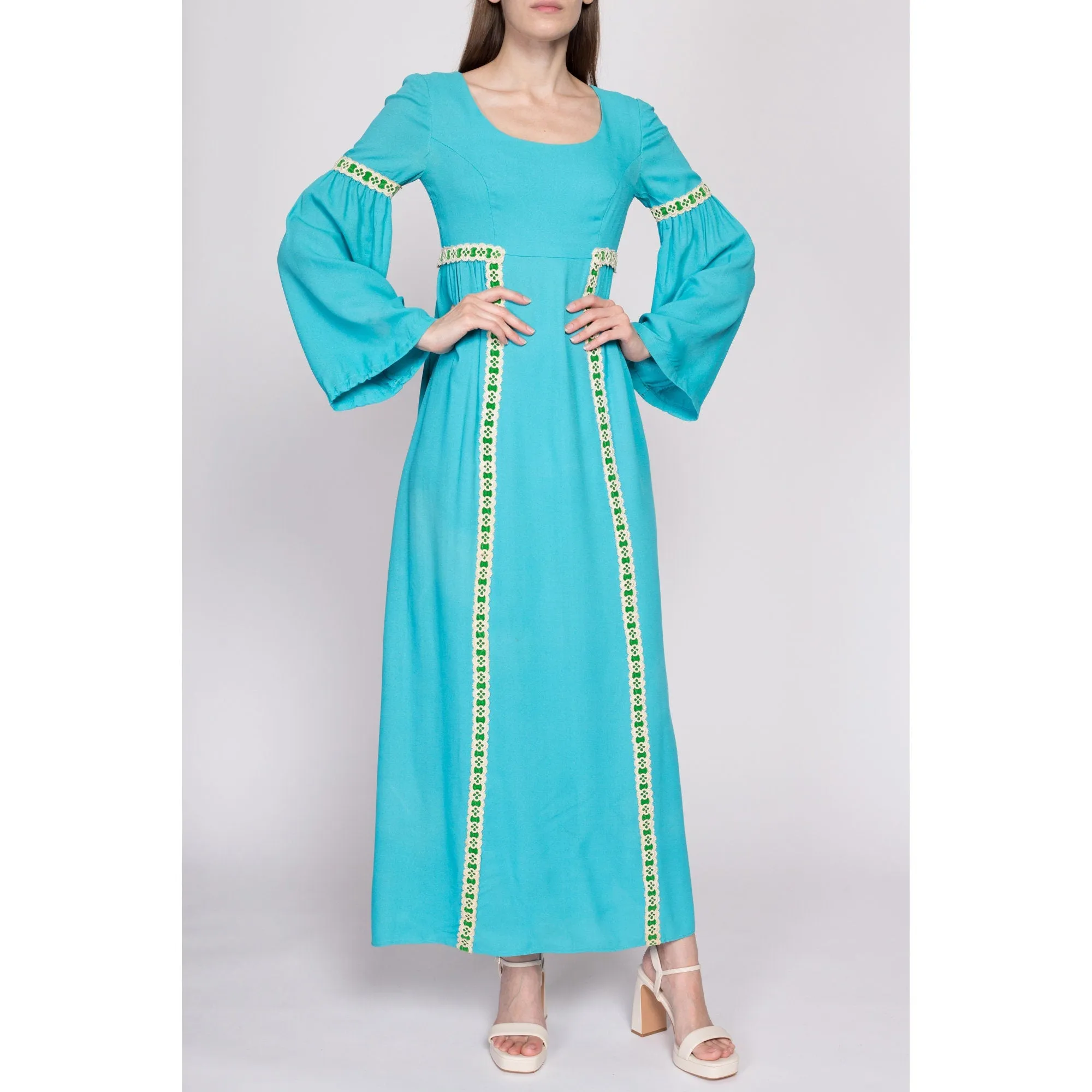 60s Boho Blue Empire Waist Bell Sleeve Maxi Dress, As Is - Extra Small