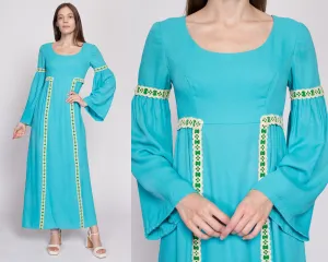 60s Boho Blue Empire Waist Bell Sleeve Maxi Dress, As Is - Extra Small