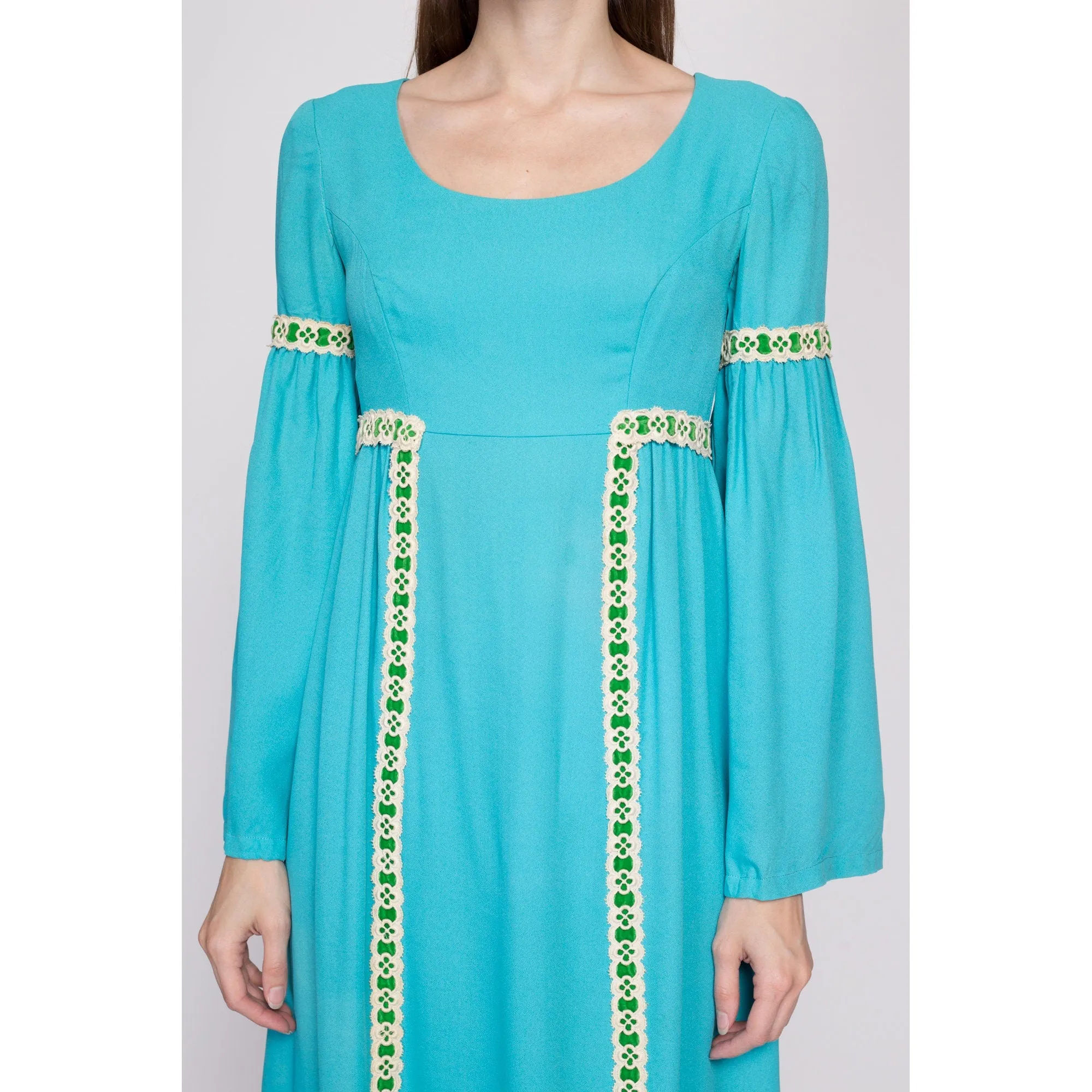 60s Boho Blue Empire Waist Bell Sleeve Maxi Dress, As Is - Extra Small