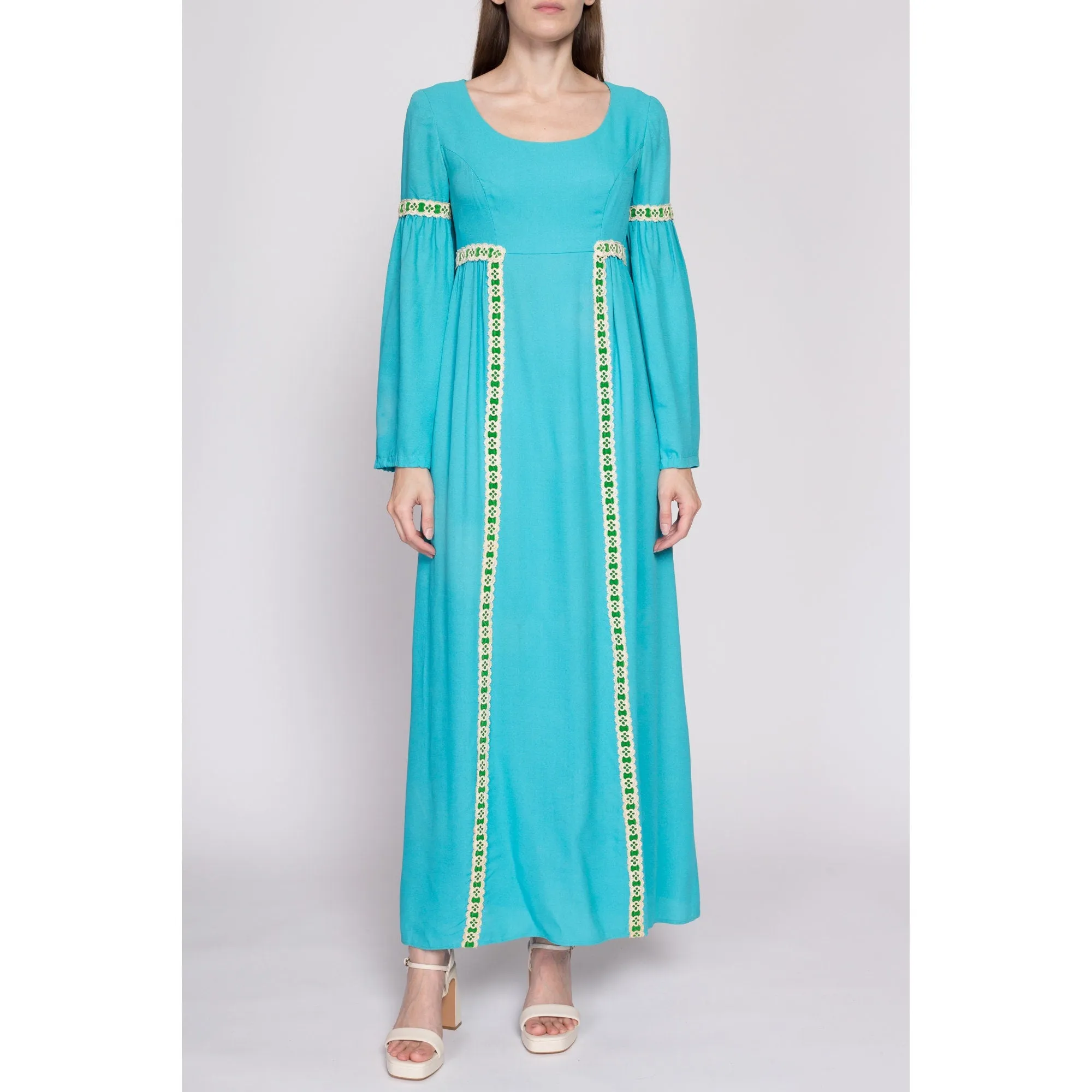 60s Boho Blue Empire Waist Bell Sleeve Maxi Dress, As Is - Extra Small