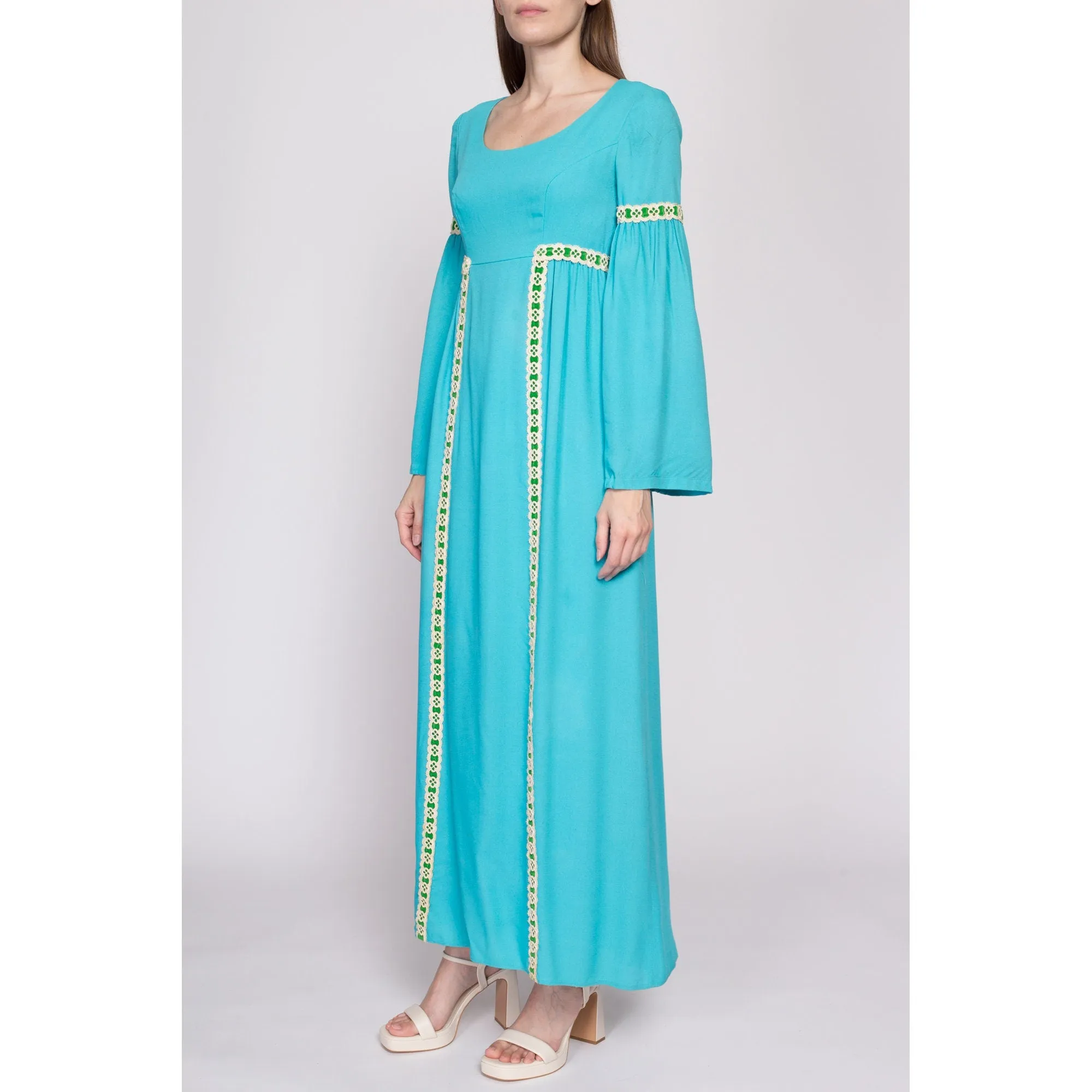60s Boho Blue Empire Waist Bell Sleeve Maxi Dress, As Is - Extra Small