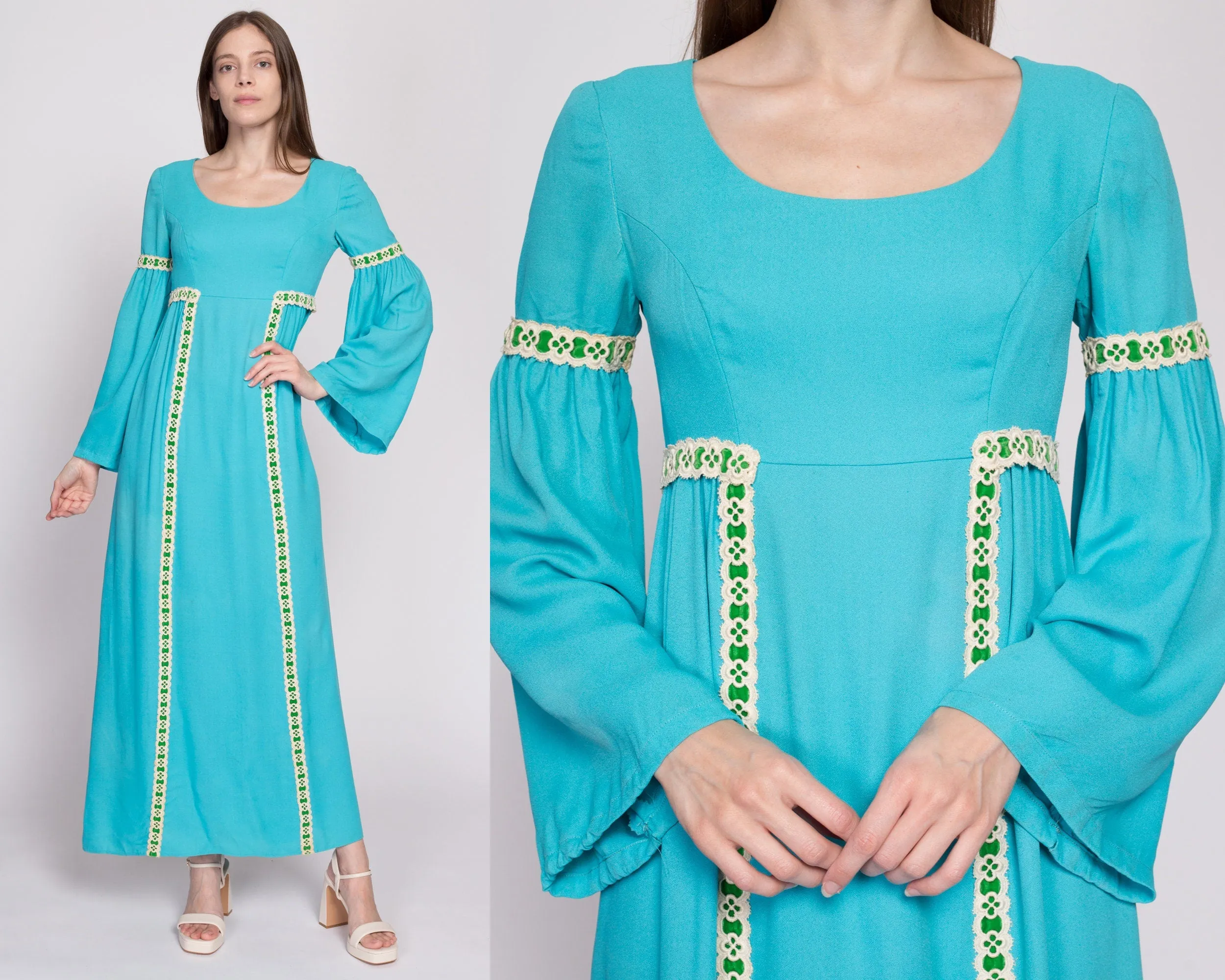 60s Boho Blue Empire Waist Bell Sleeve Maxi Dress, As Is - Extra Small