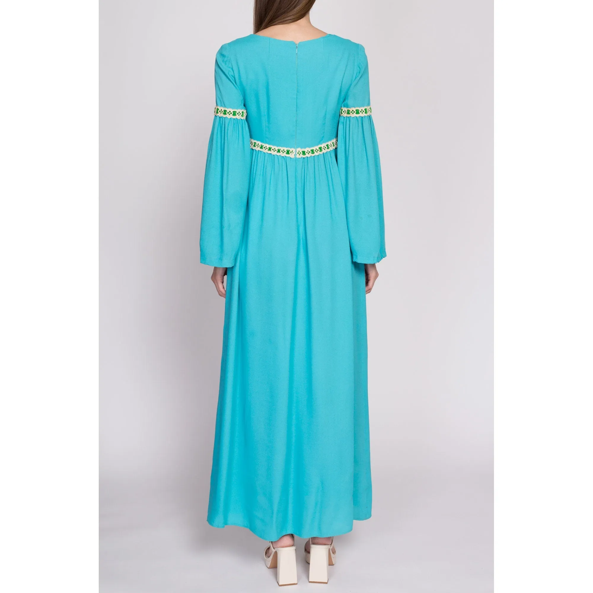 60s Boho Blue Empire Waist Bell Sleeve Maxi Dress, As Is - Extra Small