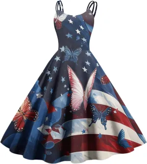 ADHOWBEW 4th of July Dress Women 2025 Sexy Holiday USA American Flag Flowy Sleeveless Graphic Plus Size Dresses