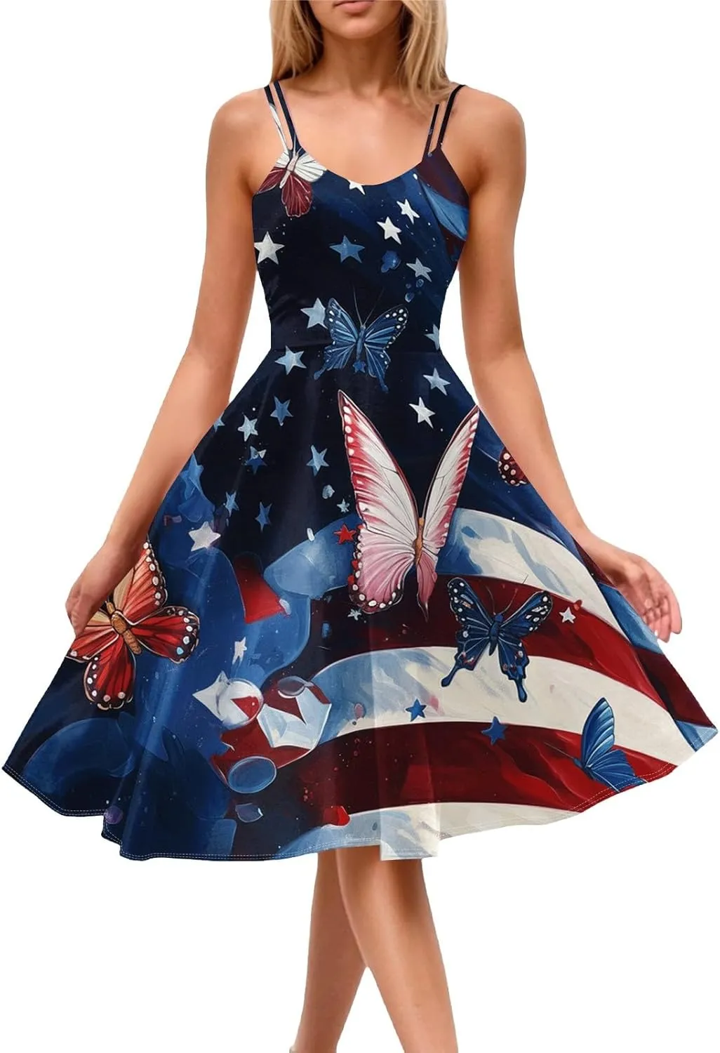 ADHOWBEW 4th of July Dress Women 2025 Sexy Holiday USA American Flag Flowy Sleeveless Graphic Plus Size Dresses