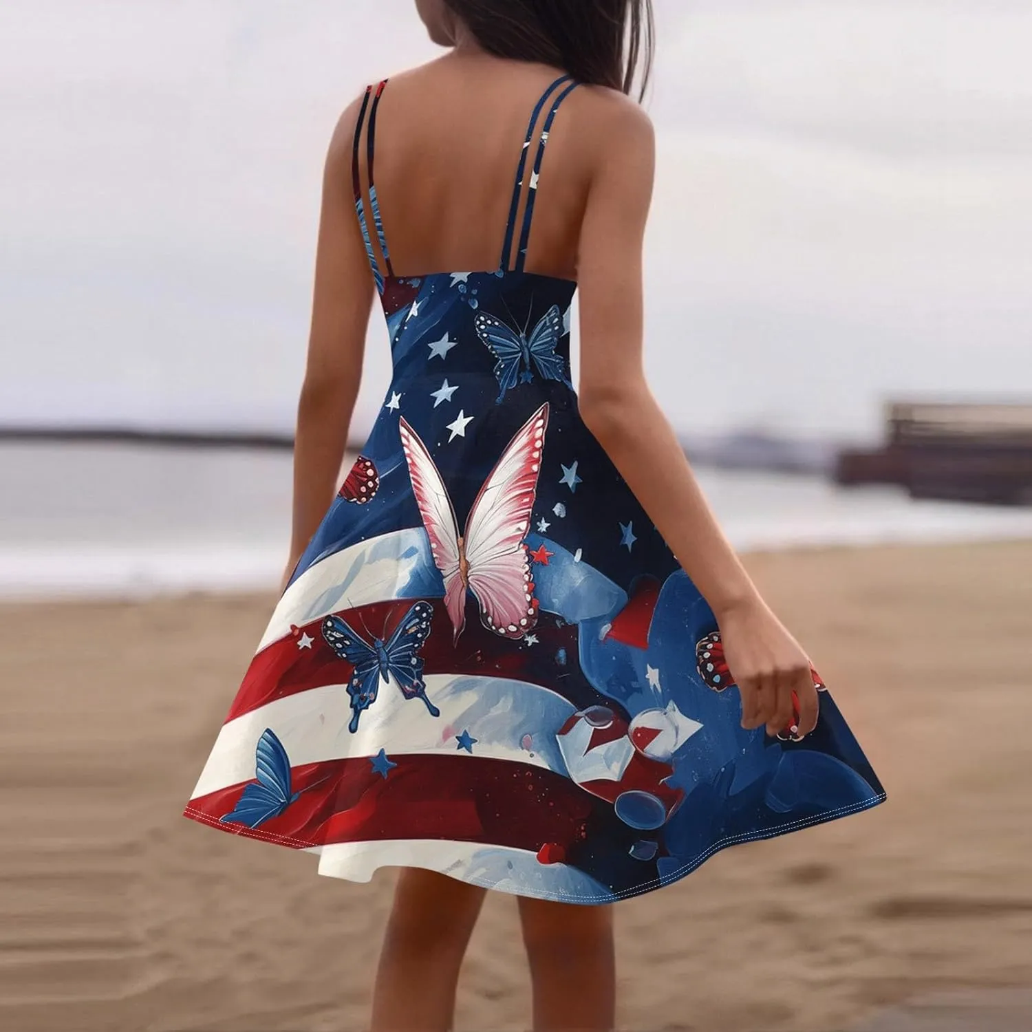 ADHOWBEW 4th of July Dress Women 2025 Sexy Holiday USA American Flag Flowy Sleeveless Graphic Plus Size Dresses