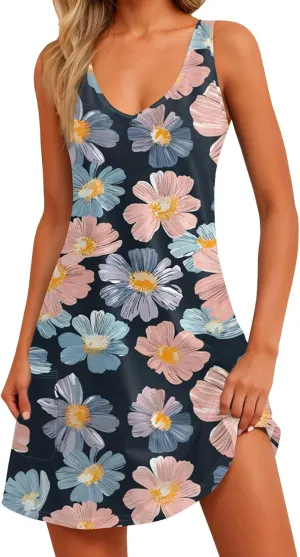 ADHOWBEW Flowy Dresses for Women Womens Beach V Neck Cute Tropical Print Sexy Hawaiian Sleeveless Tank Dresses