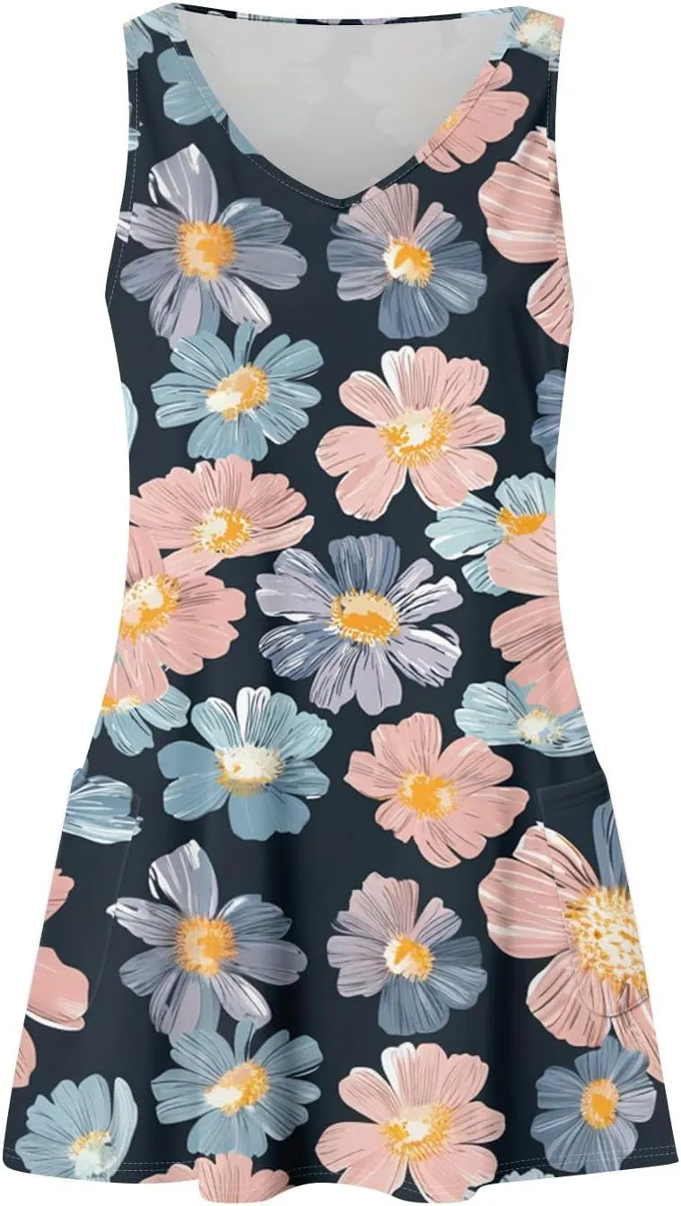 ADHOWBEW Flowy Dresses for Women Womens Beach V Neck Cute Tropical Print Sexy Hawaiian Sleeveless Tank Dresses