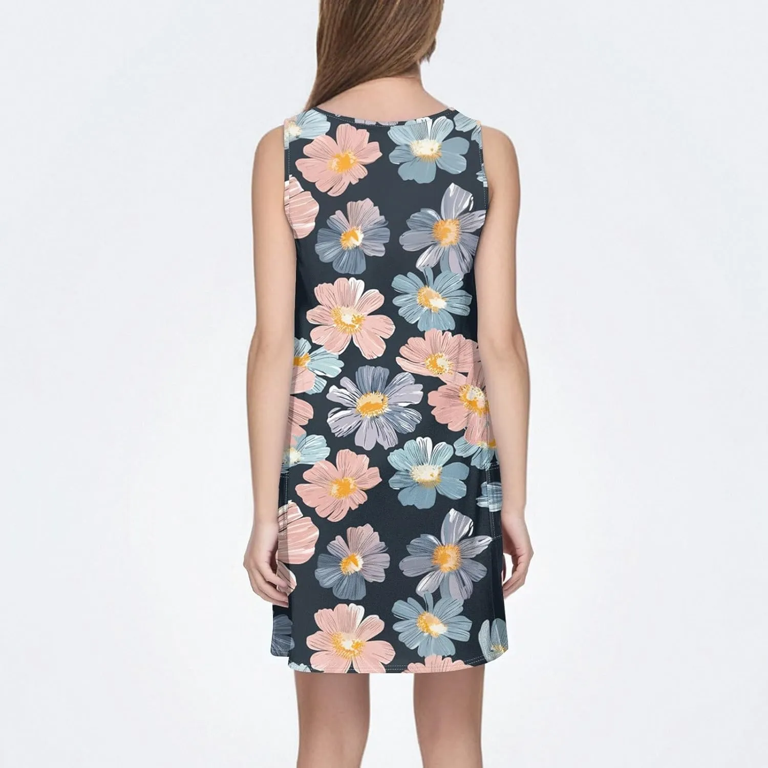 ADHOWBEW Flowy Dresses for Women Womens Beach V Neck Cute Tropical Print Sexy Hawaiian Sleeveless Tank Dresses
