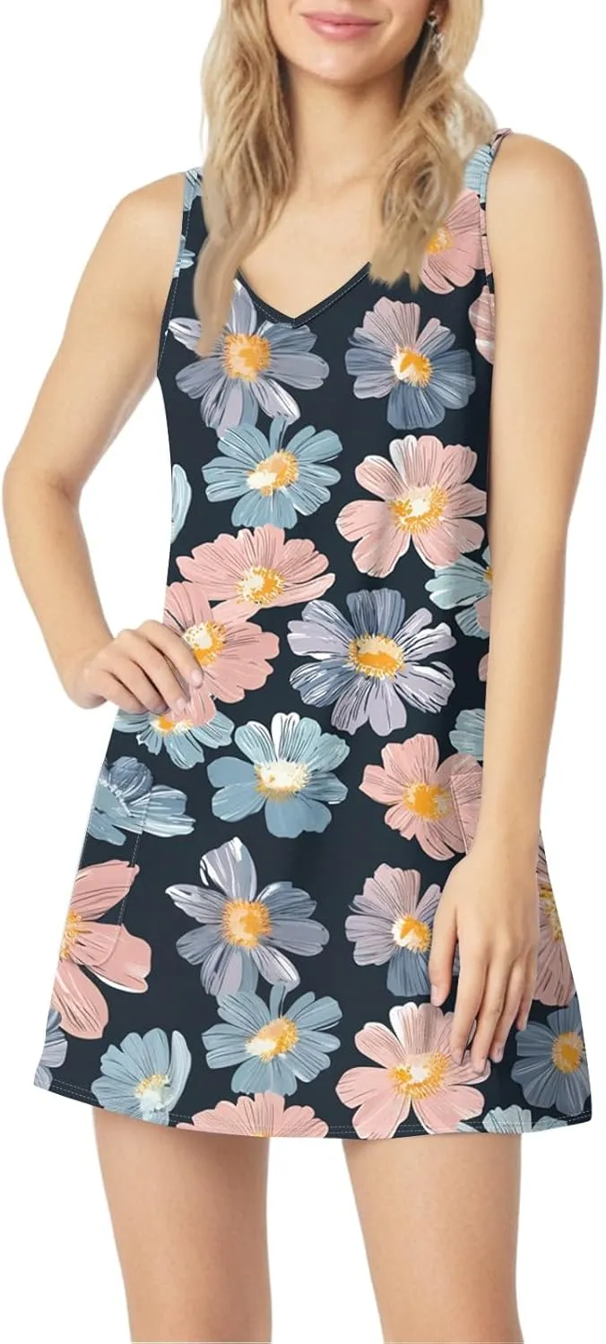 ADHOWBEW Flowy Dresses for Women Womens Beach V Neck Cute Tropical Print Sexy Hawaiian Sleeveless Tank Dresses