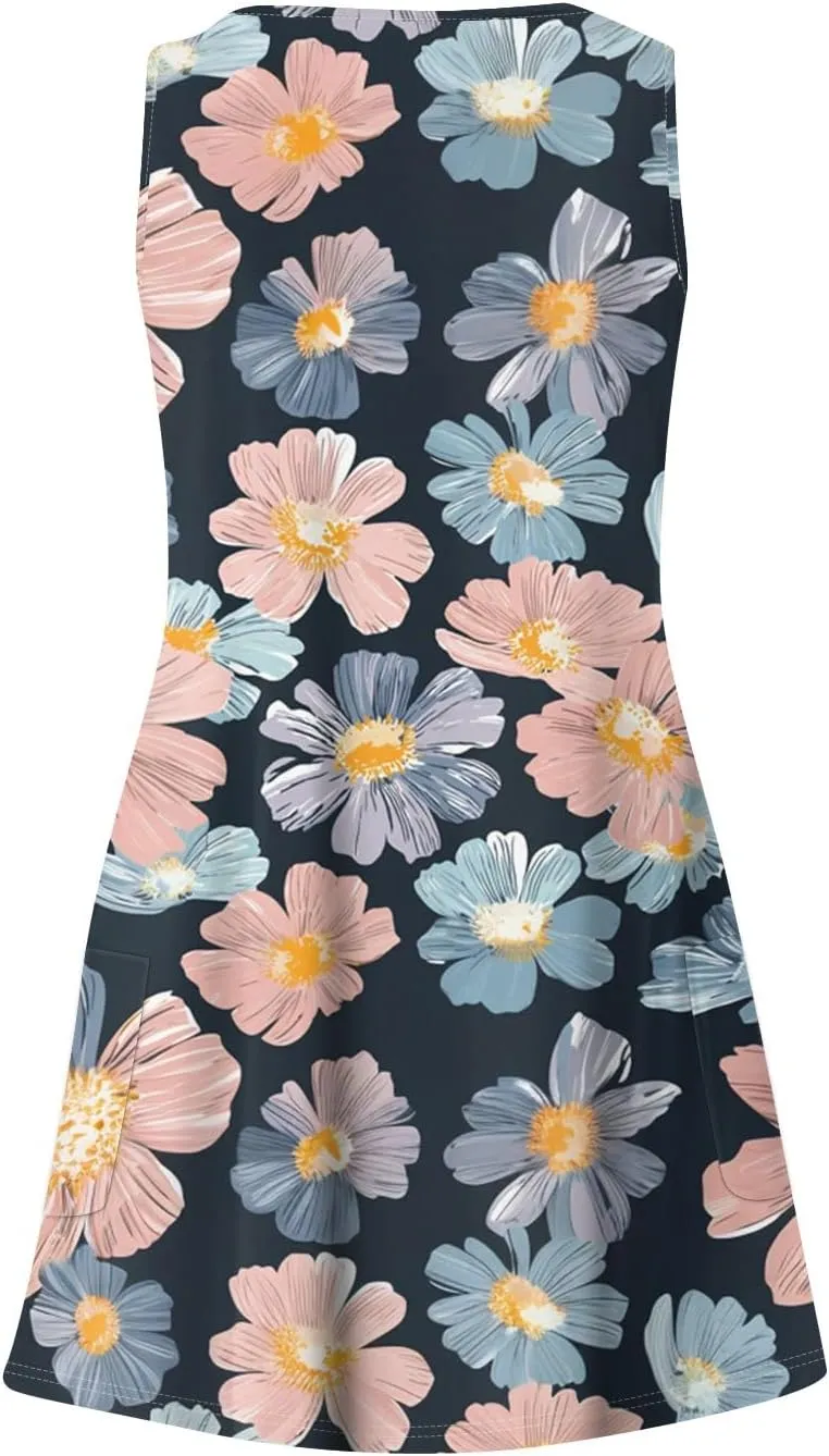 ADHOWBEW Flowy Dresses for Women Womens Beach V Neck Cute Tropical Print Sexy Hawaiian Sleeveless Tank Dresses