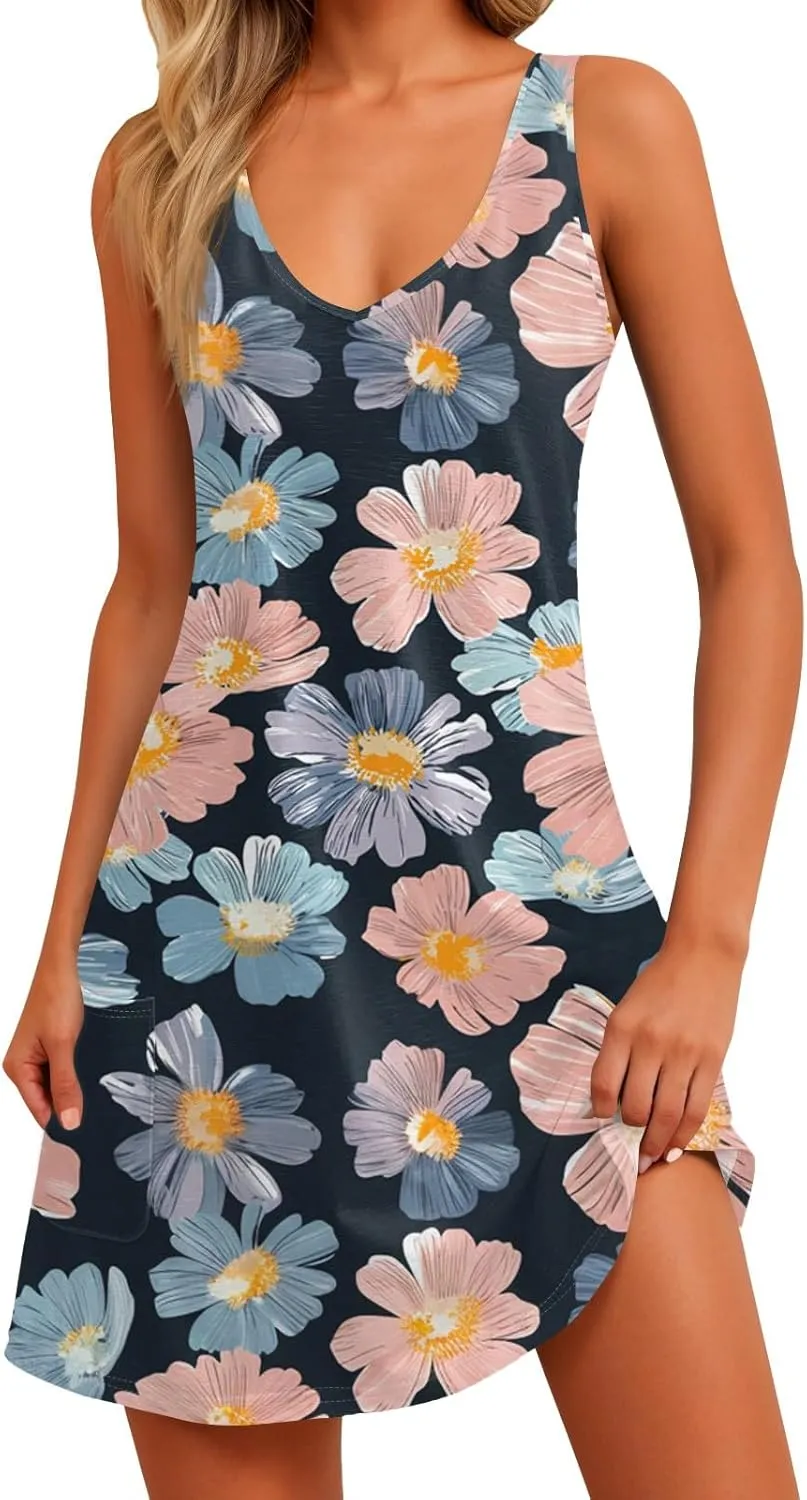 ADHOWBEW Flowy Dresses for Women Womens Beach V Neck Cute Tropical Print Sexy Hawaiian Sleeveless Tank Dresses