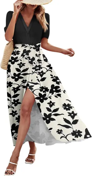 ADHOWBEW Women Dresses 2025 Vacation Boho Short Sleeve Split A Line Flowy Beach Sexy Plus Size V Neck Wrap Maxi Dress