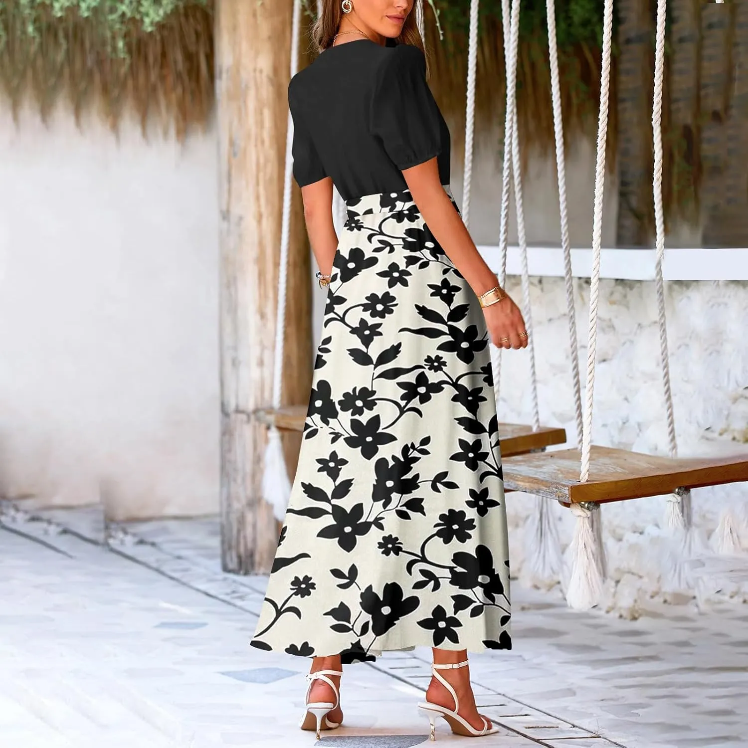 ADHOWBEW Women Dresses 2025 Vacation Boho Short Sleeve Split A Line Flowy Beach Sexy Plus Size V Neck Wrap Maxi Dress