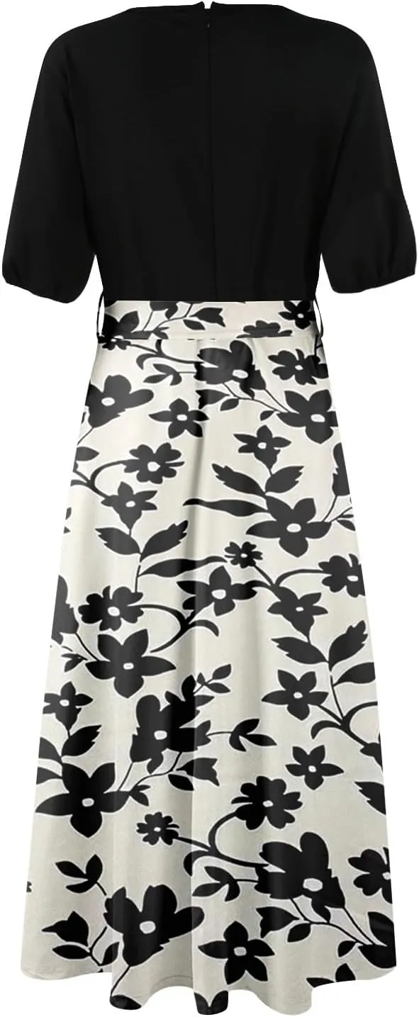 ADHOWBEW Women Dresses 2025 Vacation Boho Short Sleeve Split A Line Flowy Beach Sexy Plus Size V Neck Wrap Maxi Dress