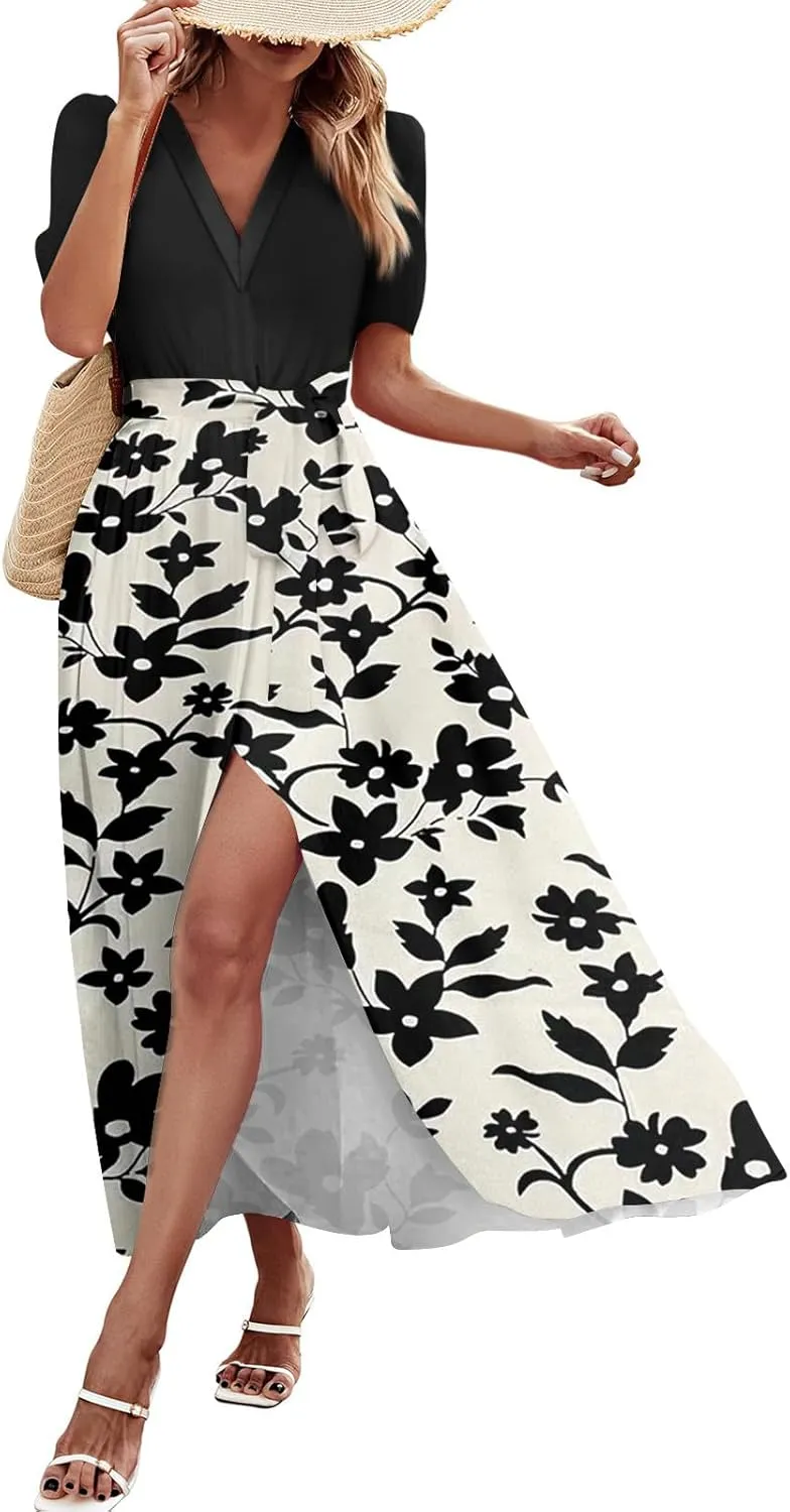 ADHOWBEW Women Dresses 2025 Vacation Boho Short Sleeve Split A Line Flowy Beach Sexy Plus Size V Neck Wrap Maxi Dress