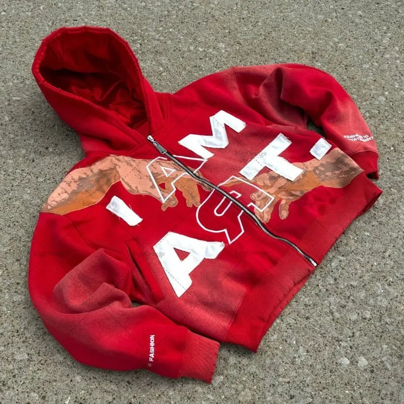 Advbridge Hip-hop Trendy Streetwear Y2K Harajuku American Retro Letter Print Zipper Hoodie Men's Punk Casual Colorful Oversized Sweatshirt