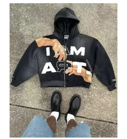 Advbridge Hip-hop Trendy Streetwear Y2K Harajuku American Retro Letter Print Zipper Hoodie Men's Punk Casual Colorful Oversized Sweatshirt