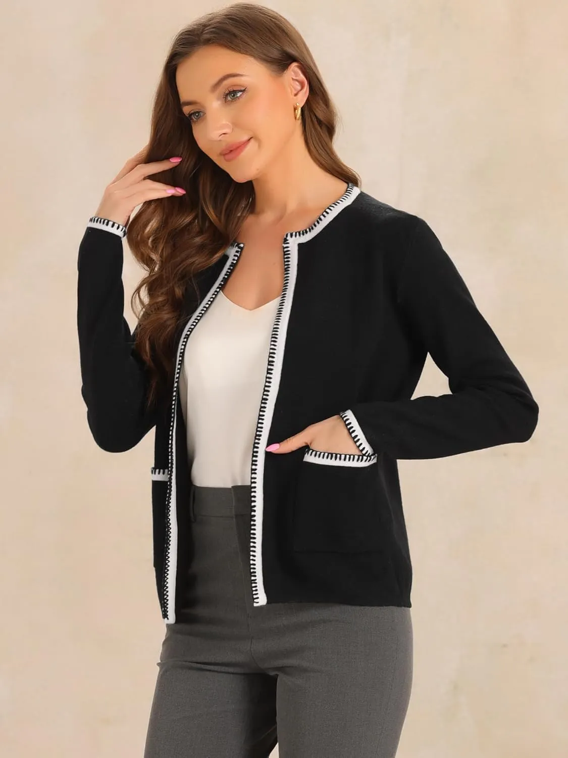 Allegra K Women's Long Sleeve Open Front Cardigan Contrast Color Knit Dressy Sweater