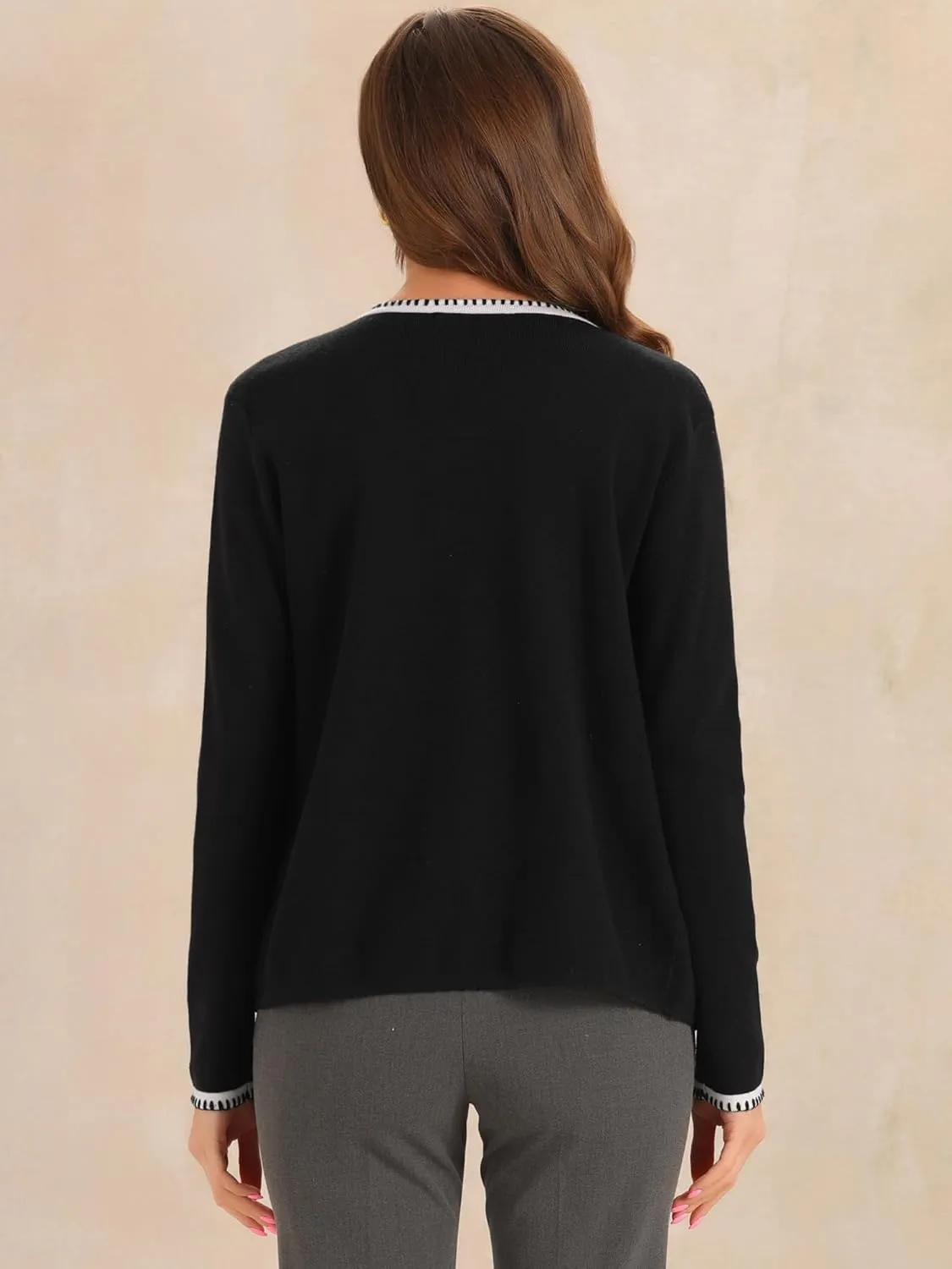 Allegra K Women's Long Sleeve Open Front Cardigan Contrast Color Knit Dressy Sweater