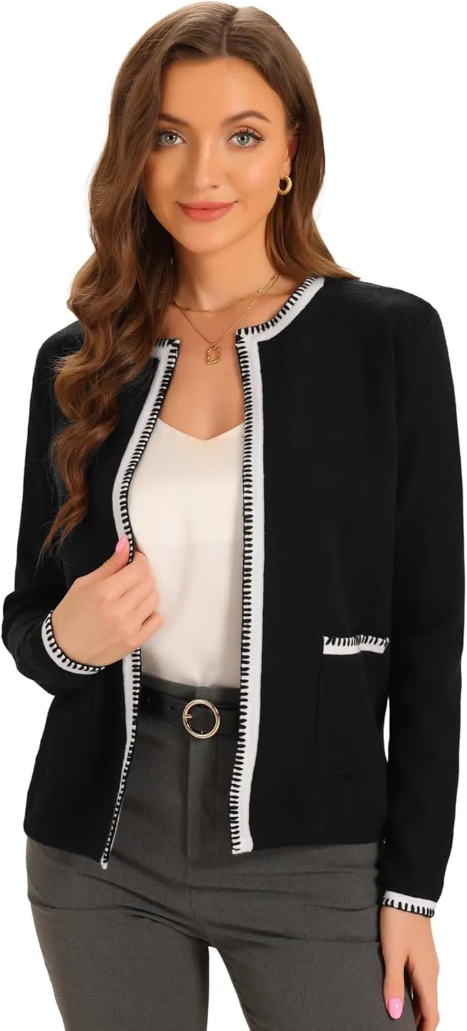 Allegra K Women's Long Sleeve Open Front Cardigan Contrast Color Knit Dressy Sweater