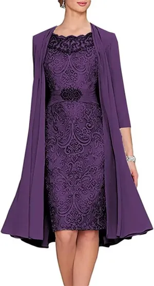 AUPRP 2 Pieces Plum Mother of The Bride Dress with Jacket Floral Lace Chiffon Long Evening Dresses for Wedding Guest, US 10