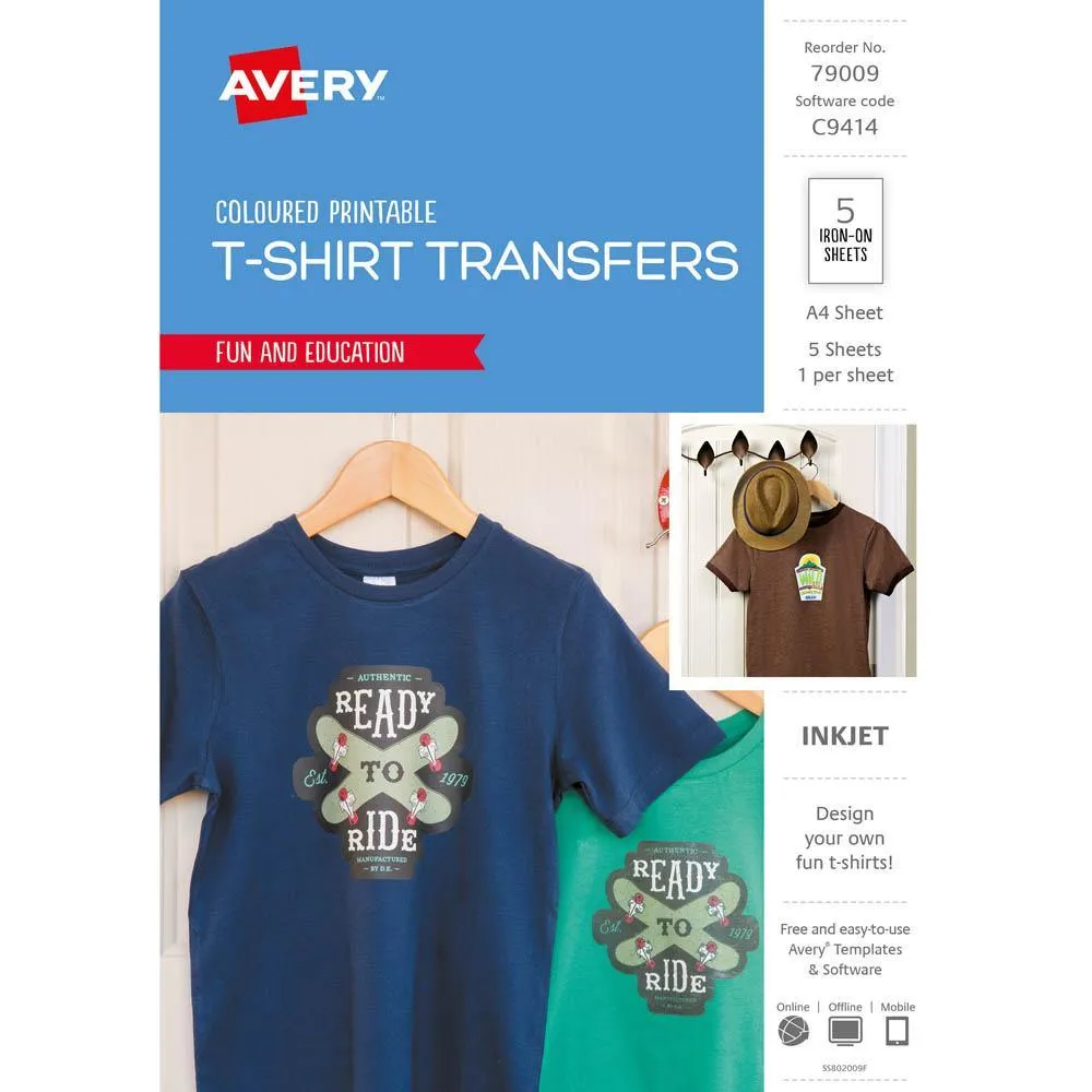 Avery 79009 C9414 Inspired T-Shirt Transfer A4 Colour Pack 5