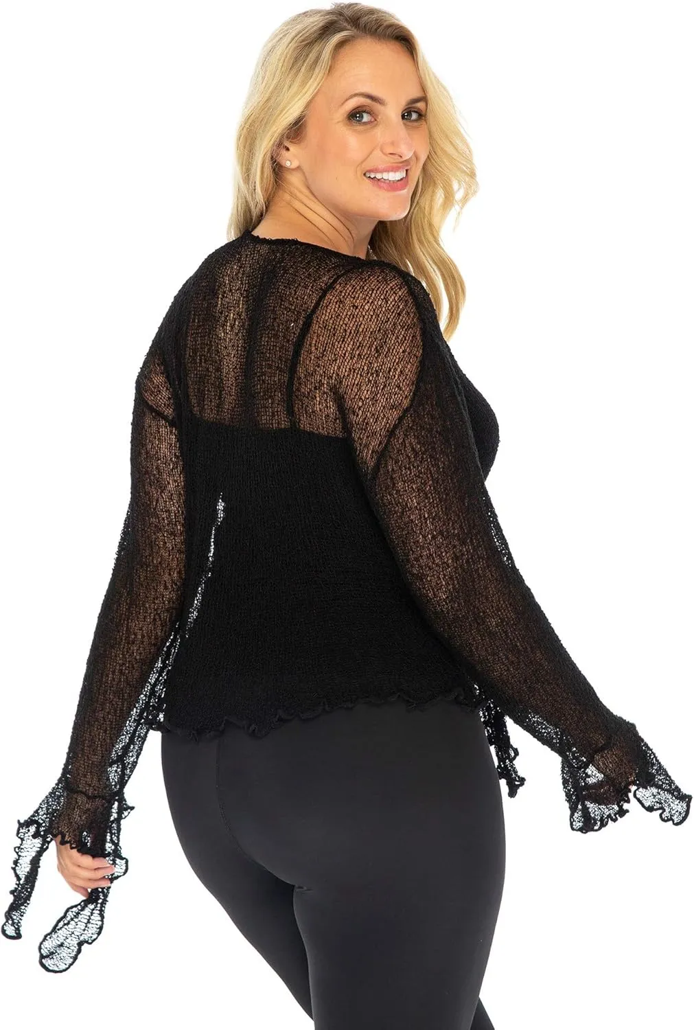 Back From Bali Womens Plus Size Sheer Shrug Cardigan Long Bell Sleeves Lightweight Knit Bolero 2X 3X 4X