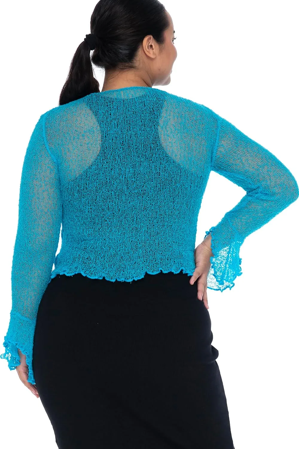 Back From Bali Womens Plus Size Sheer Shrug Cardigan Long Bell Sleeves Lightweight Knit Bolero 2X 3X 4X