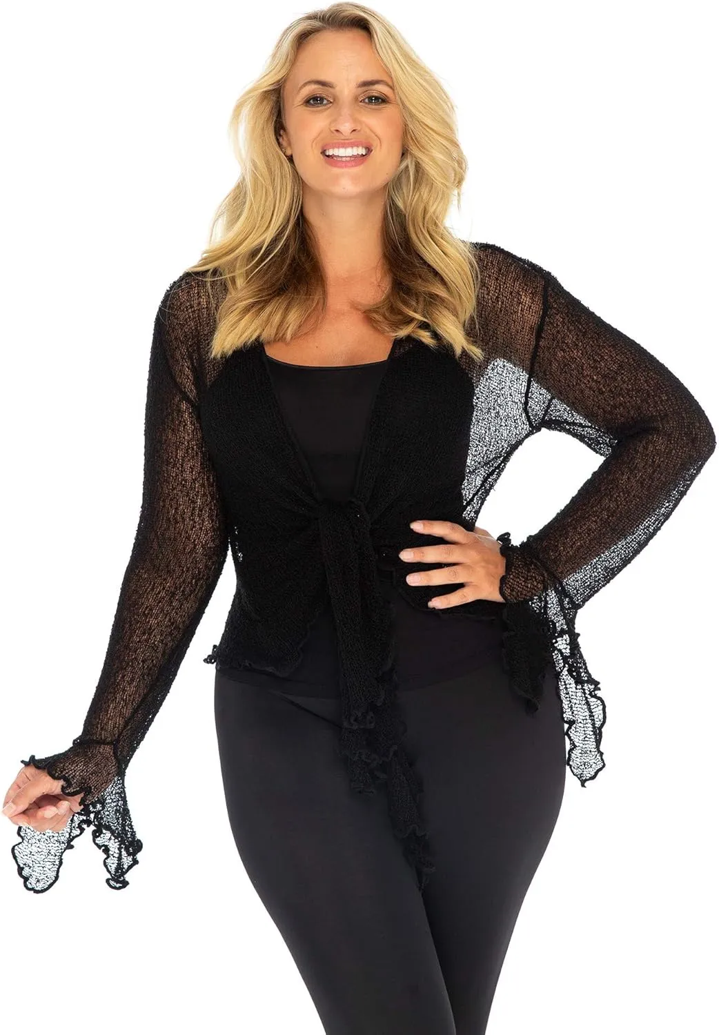 Back From Bali Womens Plus Size Sheer Shrug Cardigan Long Bell Sleeves Lightweight Knit Bolero 2X 3X 4X
