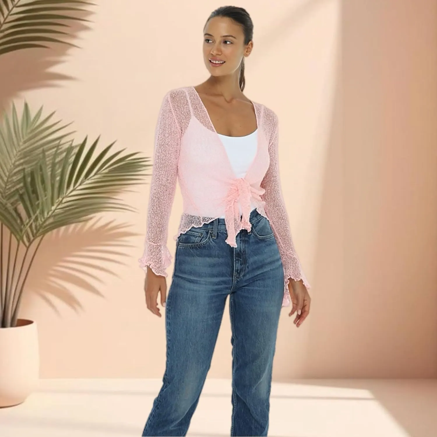 Back From Bali Womens Sheer Shrug Bolero Long Sleeves Cropped Cardigan Lite Bell Sleeves