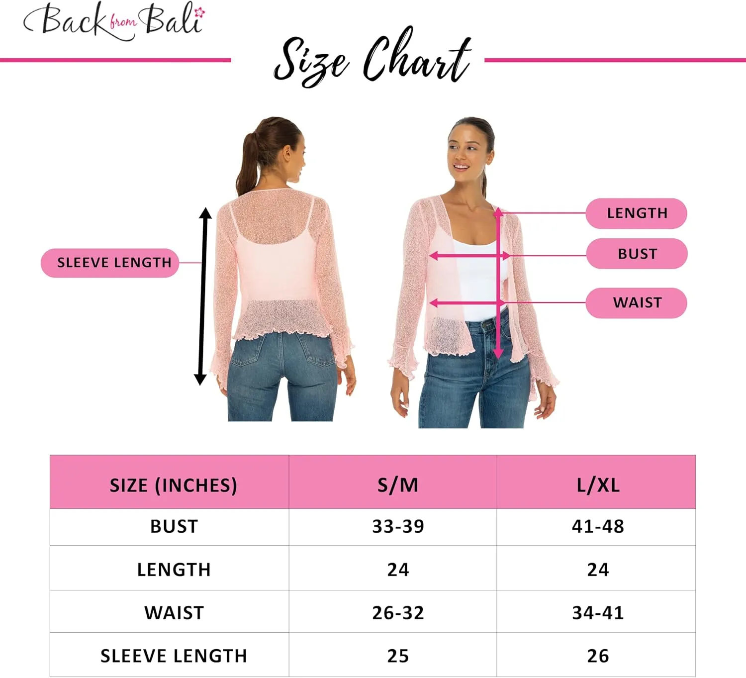 Back From Bali Womens Sheer Shrug Bolero Long Sleeves Cropped Cardigan Lite Bell Sleeves