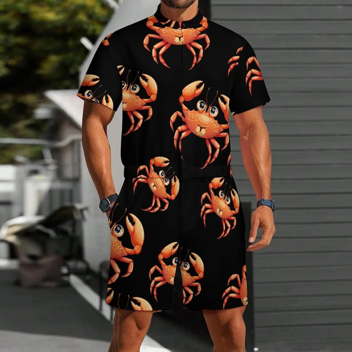 Boston Crab Mens Short Sleeve Rompers Printed Slim Fit One Piece Jumpsuit with Pocket