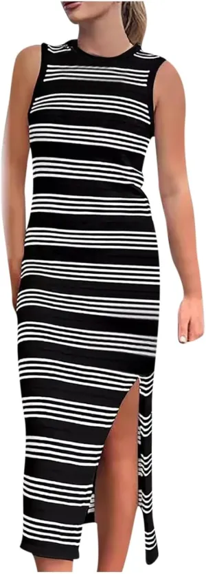 Casual Dresses for Women Striped Short Sleeve Midi Dress Button Ribbed Knit Work Summer Vacation Boho Party Dress 2025