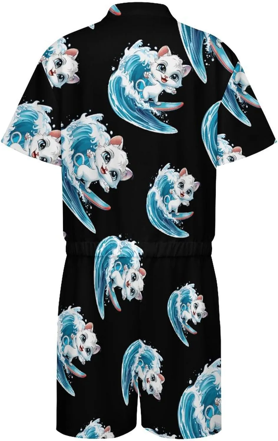 Cat Surfing Mens Short Sleeve Rompers Printed Slim Fit One Piece Jumpsuit with Pocket