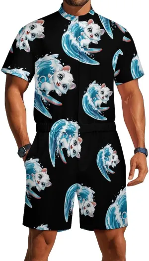 Cat Surfing Mens Short Sleeve Rompers Printed Slim Fit One Piece Jumpsuit with Pocket