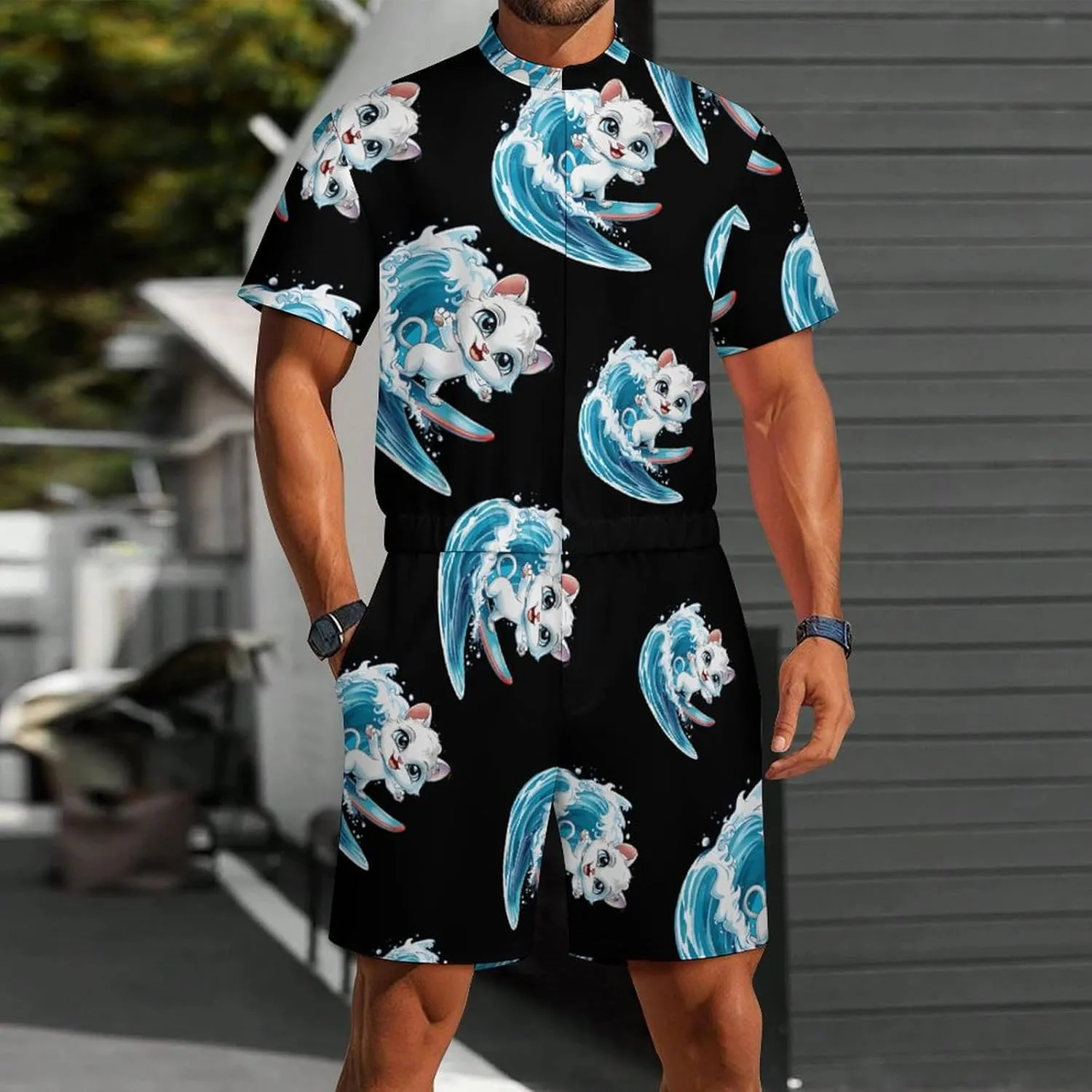 Cat Surfing Mens Short Sleeve Rompers Printed Slim Fit One Piece Jumpsuit with Pocket