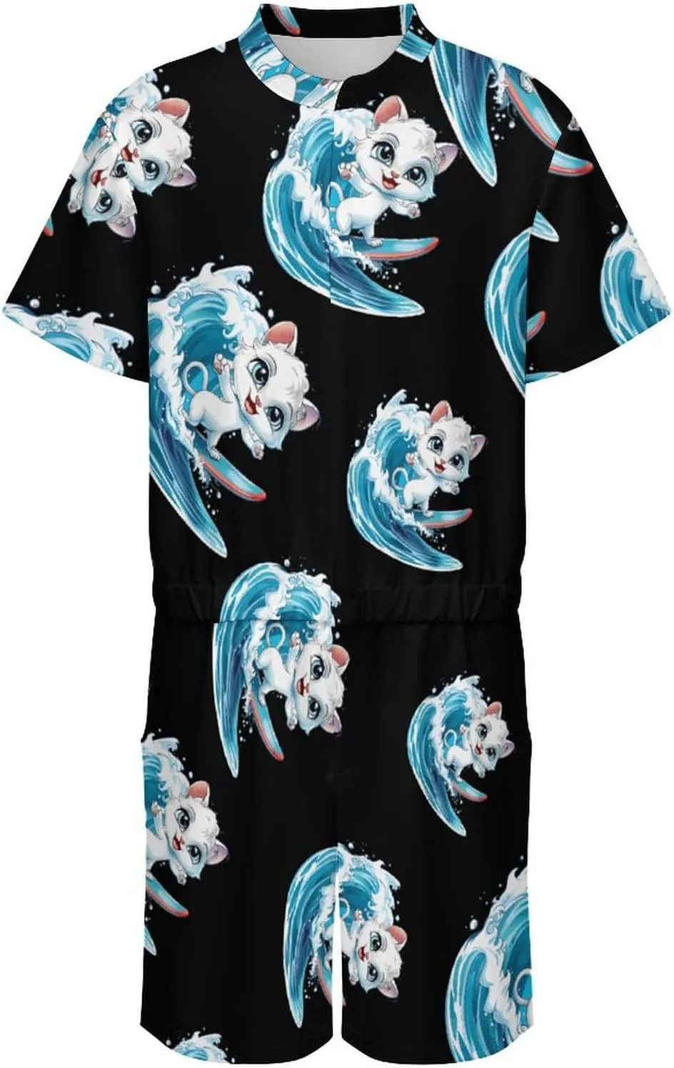 Cat Surfing Mens Short Sleeve Rompers Printed Slim Fit One Piece Jumpsuit with Pocket
