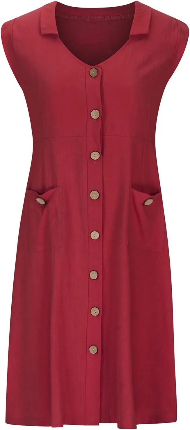 Ceboyel Womens 2023 Button Down Tank Dress Cotton Linen Midi Dresses Lapel V Neck Casual Dress Trendy Summer Outfits