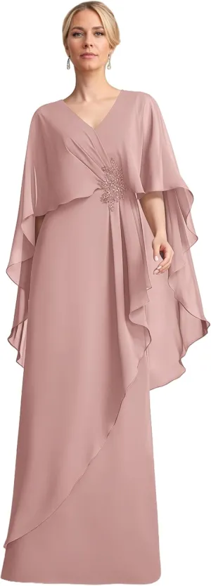 Chiffon Ruffles Mother of The Bride Dresses Long Cape Sleeve Appliques V-Neck Wedding Guest Dresses for Women UU173