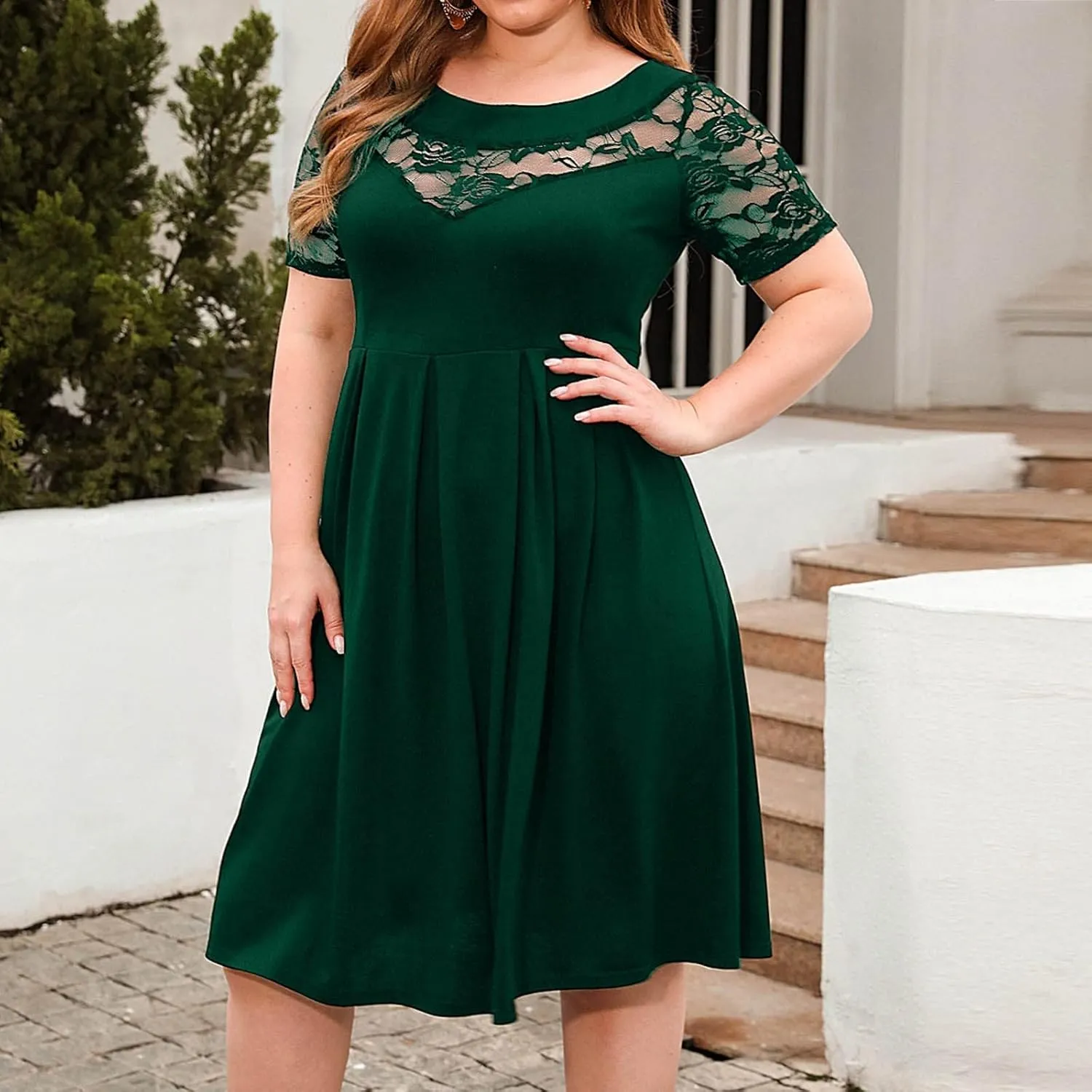 Cocktail Dress Women Plus Size Midi Dress Lace Short Sleeve Flowy Dress Pleated Casual Summer Dress with Pockets