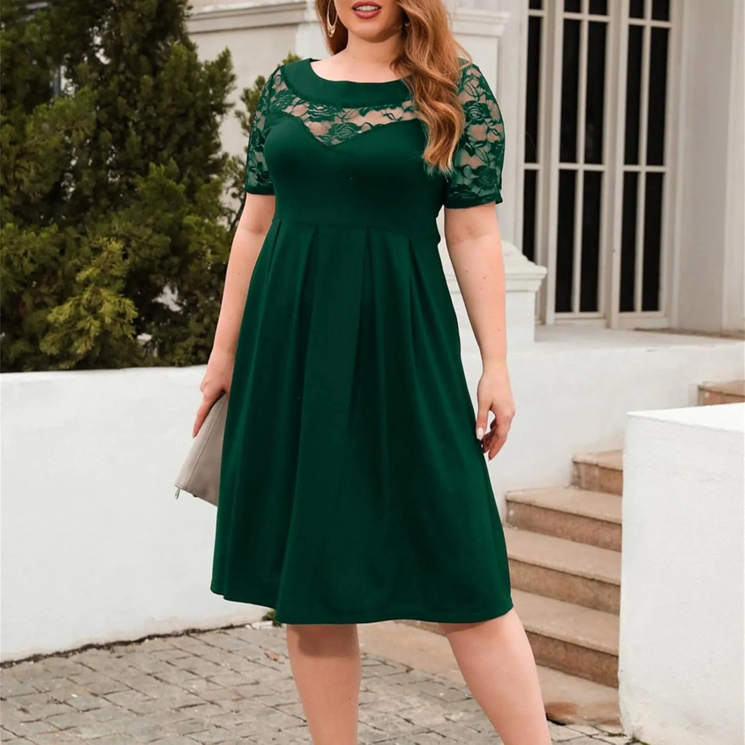 Cocktail Dress Women Plus Size Midi Dress Lace Short Sleeve Flowy Dress Pleated Casual Summer Dress with Pockets