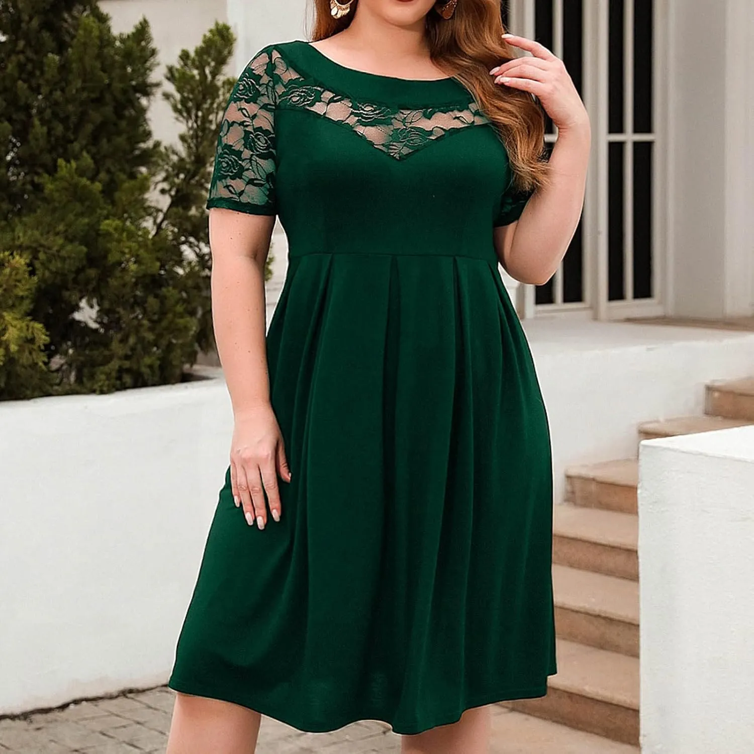 Cocktail Dress Women Plus Size Midi Dress Lace Short Sleeve Flowy Dress Pleated Casual Summer Dress with Pockets