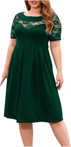 Cocktail Dress Women Plus Size Midi Dress Lace Short Sleeve Flowy Dress Pleated Casual Summer Dress with Pockets