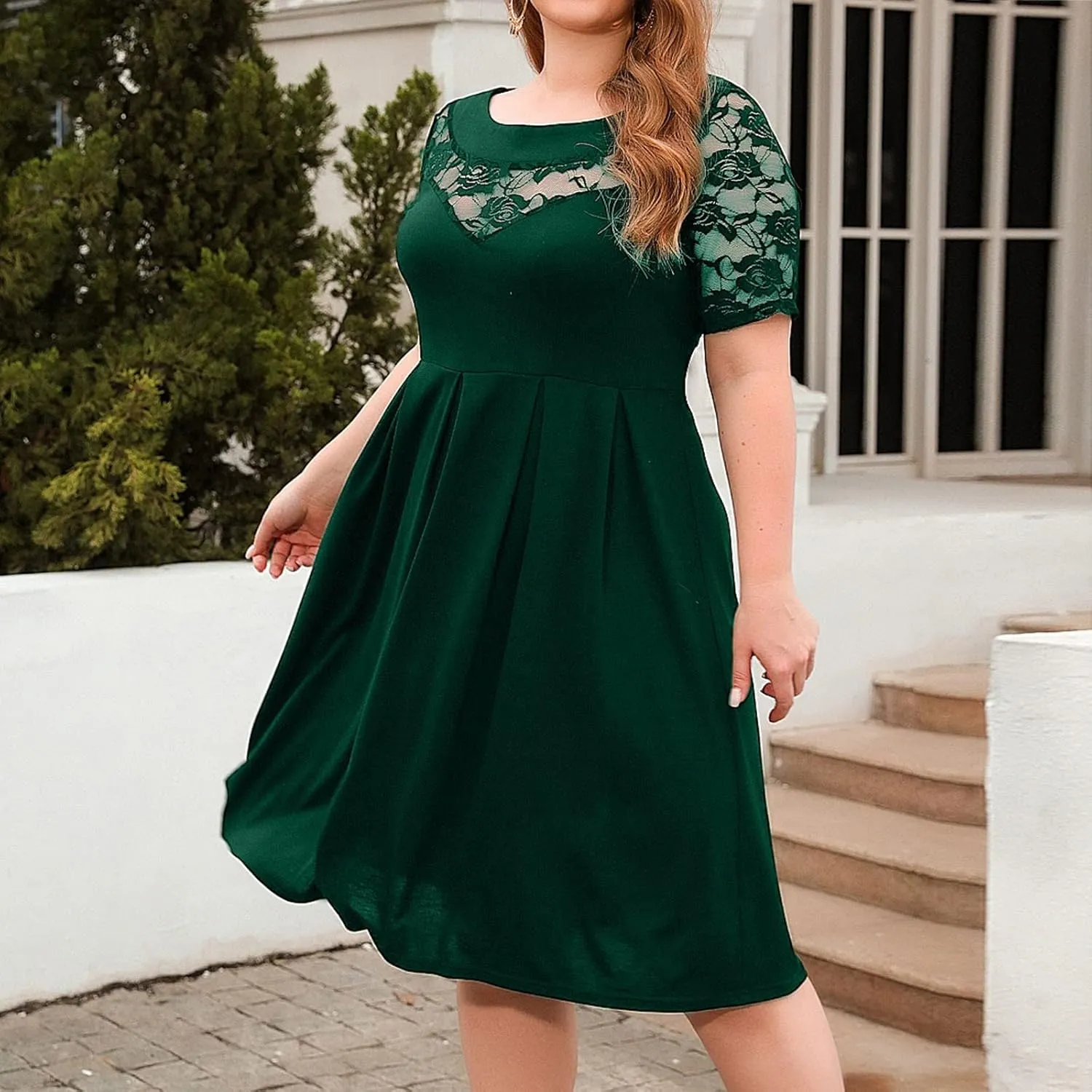 Cocktail Dress Women Plus Size Midi Dress Lace Short Sleeve Flowy Dress Pleated Casual Summer Dress with Pockets